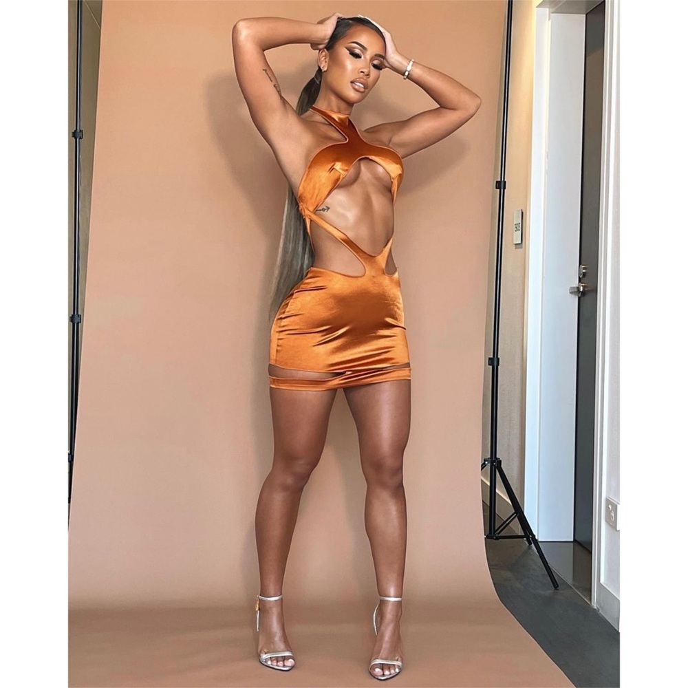 SHAPE BRONZE DISCO HIGH NECK CUT OUT BODYCON DRESS